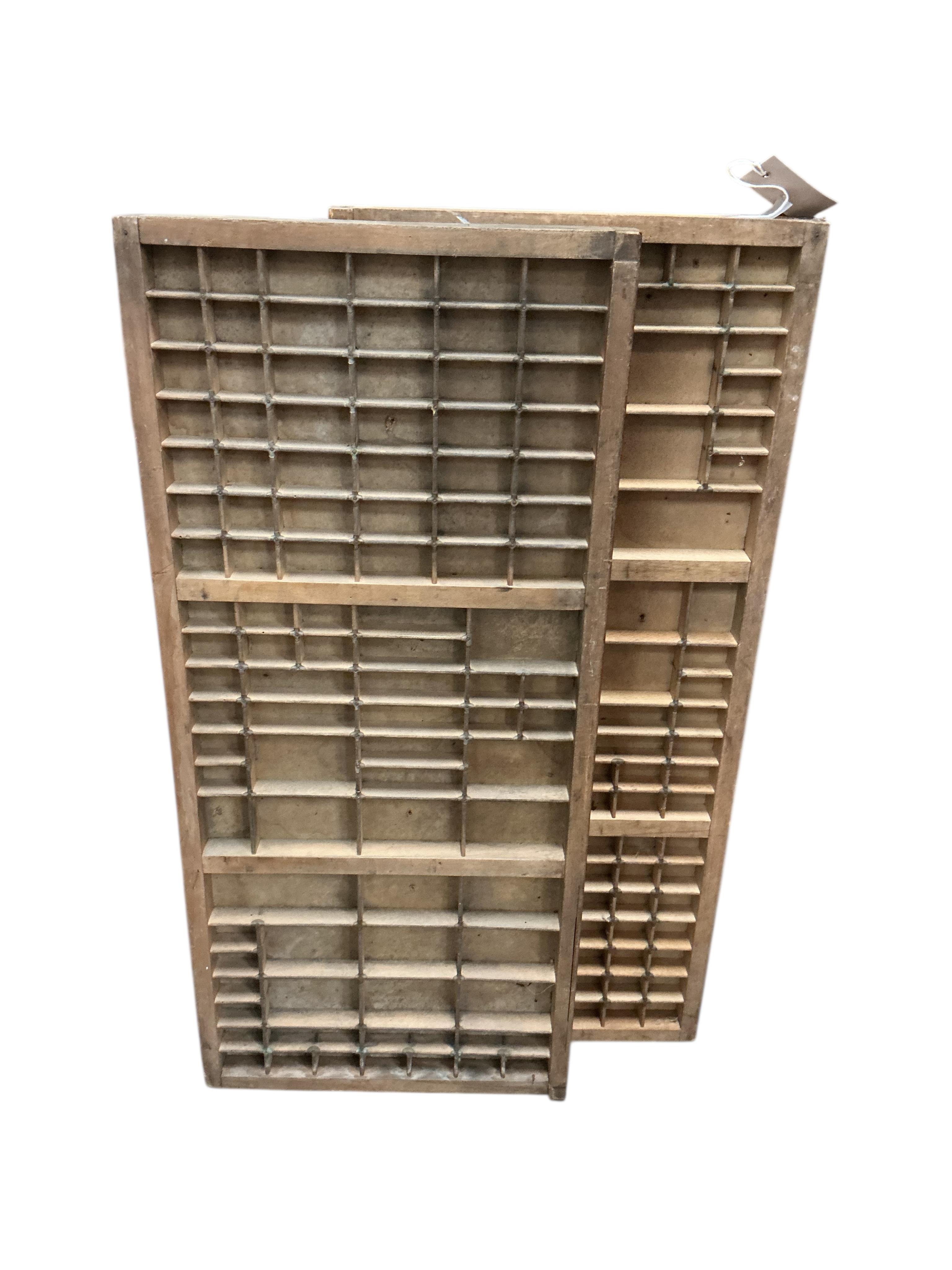 Ten rectangular vintage printer's block trays, each 36 x 83cm